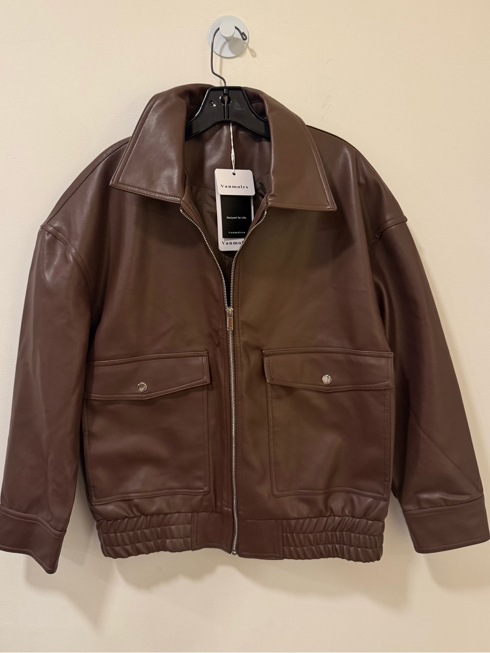 Vanmolrs Women's Brown Leather Bomber Vegan Jacket Size: Large